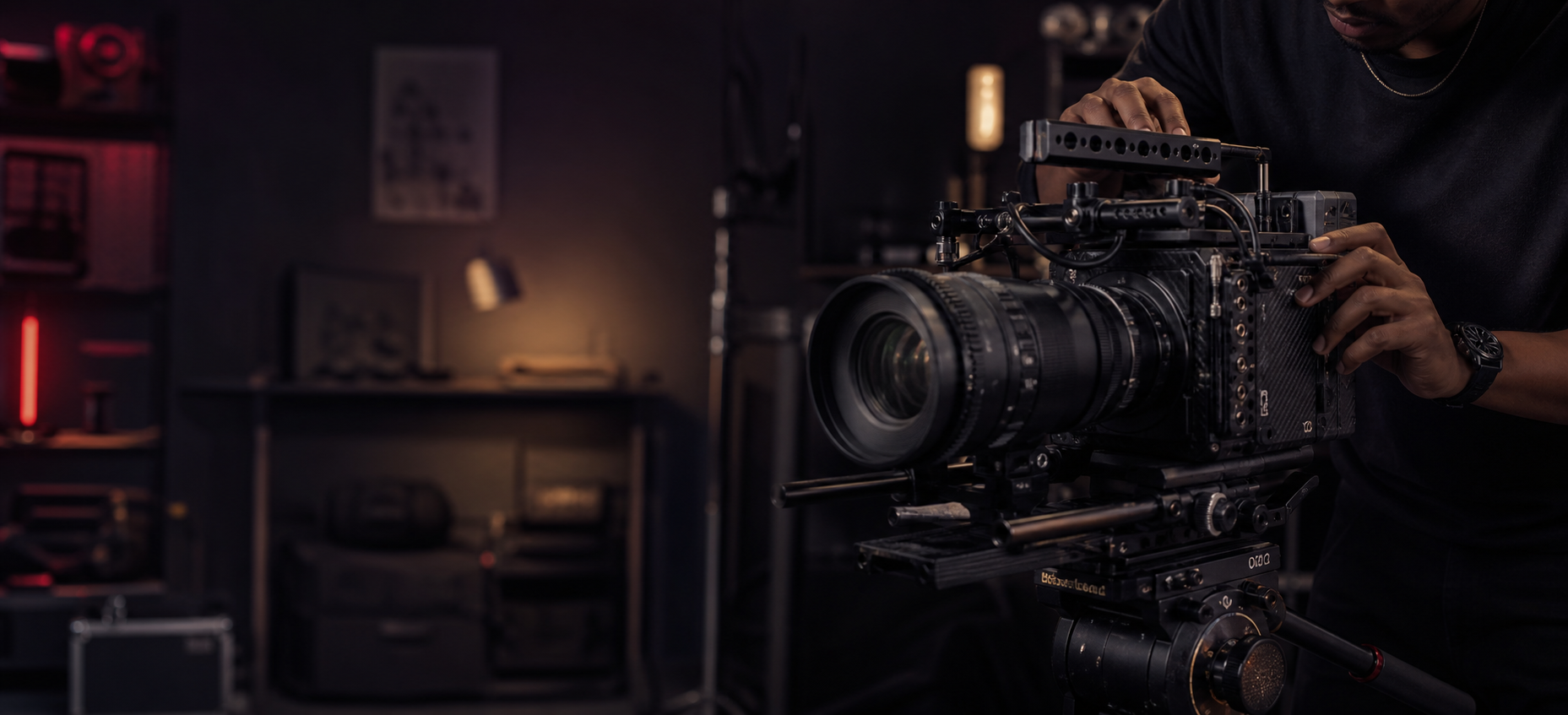 A filmmaker preparing a cinema camera in a studio